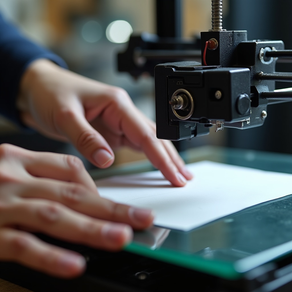 Partecipante che calibra manualmente il piano di una stampante FDM usando carta e viti di regolazione