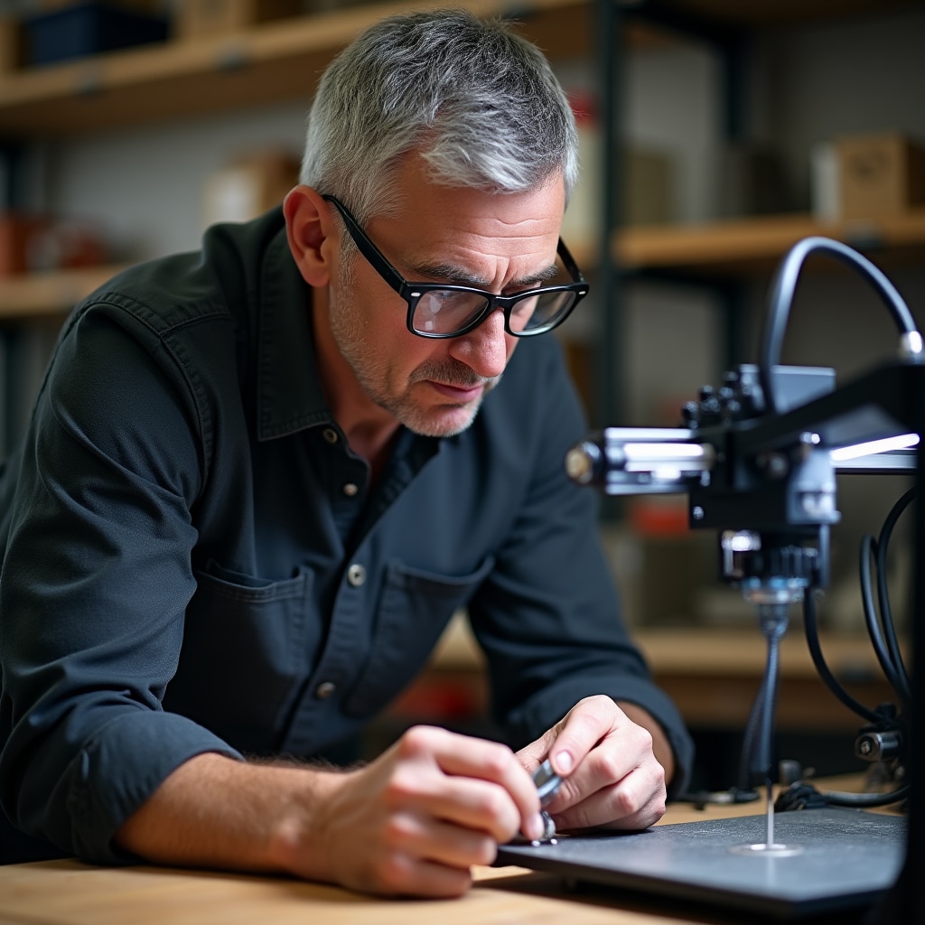 Maker adulto concentrato mentre lavora con una stampante FDM nel laboratorio